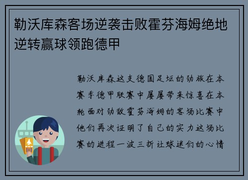 勒沃库森客场逆袭击败霍芬海姆绝地逆转赢球领跑德甲