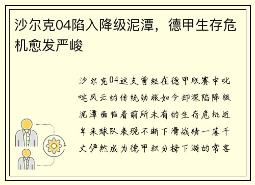 沙尔克04陷入降级泥潭，德甲生存危机愈发严峻