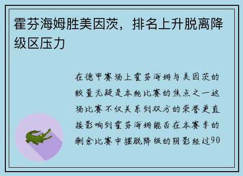 霍芬海姆胜美因茨，排名上升脱离降级区压力